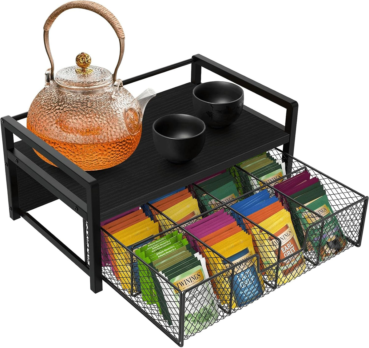 Wood Tea Bag Organizer, Teabag Holder with Drawer, Tea Organizers and Storage Box, 8 Compartments Tea Caddy Station Chests Display Container for Counter Kitchen, Black