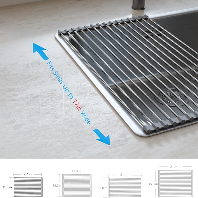 Tomorotec Roll Up Dish Drying Rack, Over The Sink Dish Drying Rack, Portable Stainless Steel Rolling Rack Multipurpose Kitchen Drainer Caddy Organizer Storage Shelf Holder, Gray