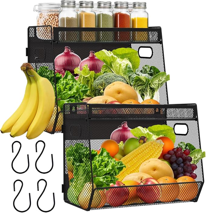 2 Set Magnetic Shelf Basket for Fridge, Magnetic Spice Rack Fruit Onion and Potato Storage Bins with Mesh Lid, Pantry Organizers and Storage, Kitchen Counter Organizer for Produce