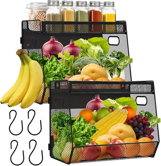 2 Set Magnetic Shelf Basket for Fridge, Magnetic Spice Rack Fruit Onion and Potato Storage Bins with Mesh Lid, Pantry Organizers and Storage, Kitchen Counter Organizer for Produce