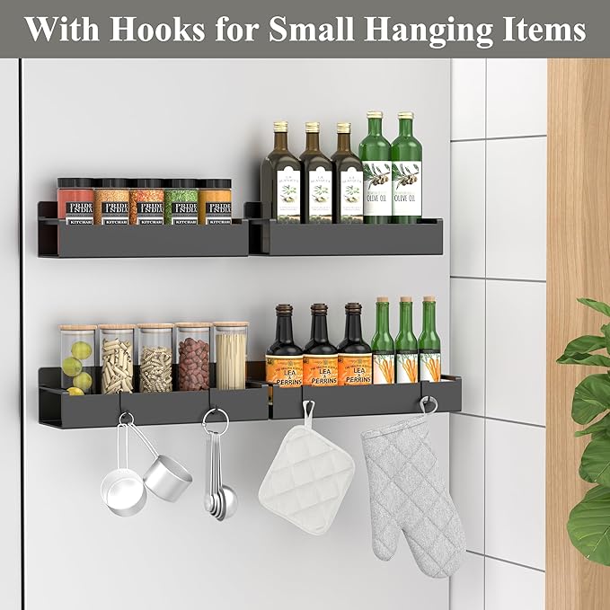 HuggieGems 4 Pack Magnetic Spice Rack Organizer for Refrigerator and Oven, Black Fridge Organizers and Storage for Kitchen
