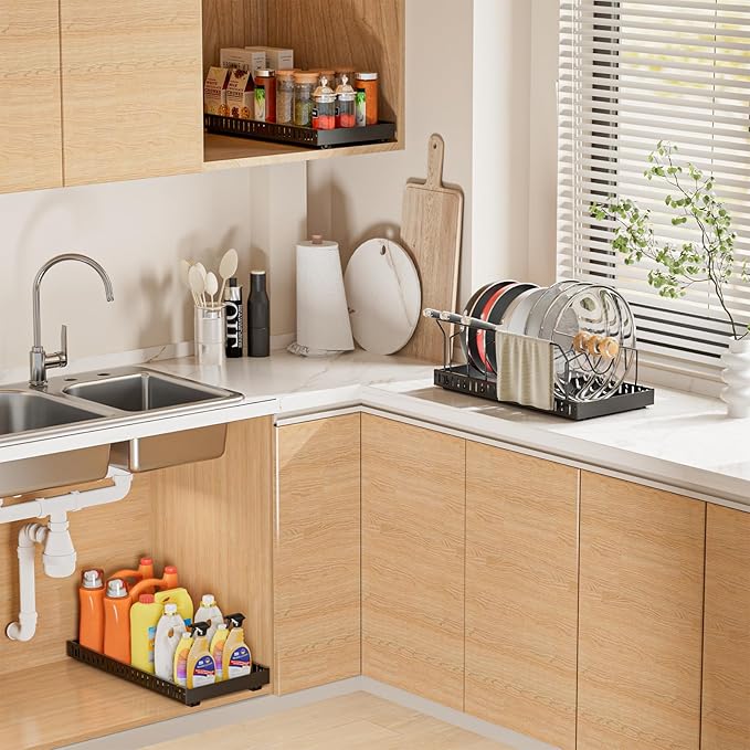 Pots and Pans Organizer Under Cabinet, Pull-out Pots and Pans Organizer, Under Cabinet Pot Lid Holder, Sliding type Pots and Pans Storage with 8 Adjustable Dividers & Handle Bracket - Black