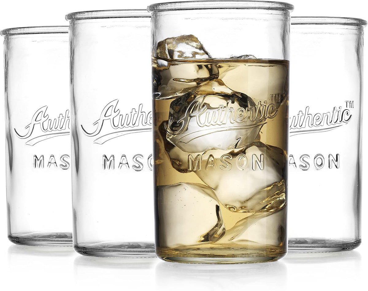Drinking Glasses – Set of 4 Authentic Mason Vintage Glassware – Clear Glass Tumblers for Cocktails, Water, Juice – Embossed Vintage Drinking Glasses