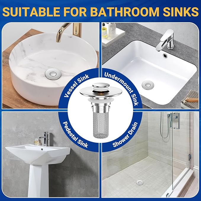 Bathroom Sink Drain Strainer, Pop-Up Bathroom Sink Stopper with Removable Stainless Steel Hair Catcher Basket, Universal Fit for US Bathroom Sinks, Showers & Floor Drains (4pcs)