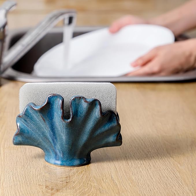 Uiddo Ceramic Sponge Holder,Sponge Holder for Kitchen Sink,Compact Sink Caddy Organizer-Scouring Pad and Dish Sponge Holders,Farmhouse Kitchens Decor Cute Kitchen Gadgets Accessories(Blue)