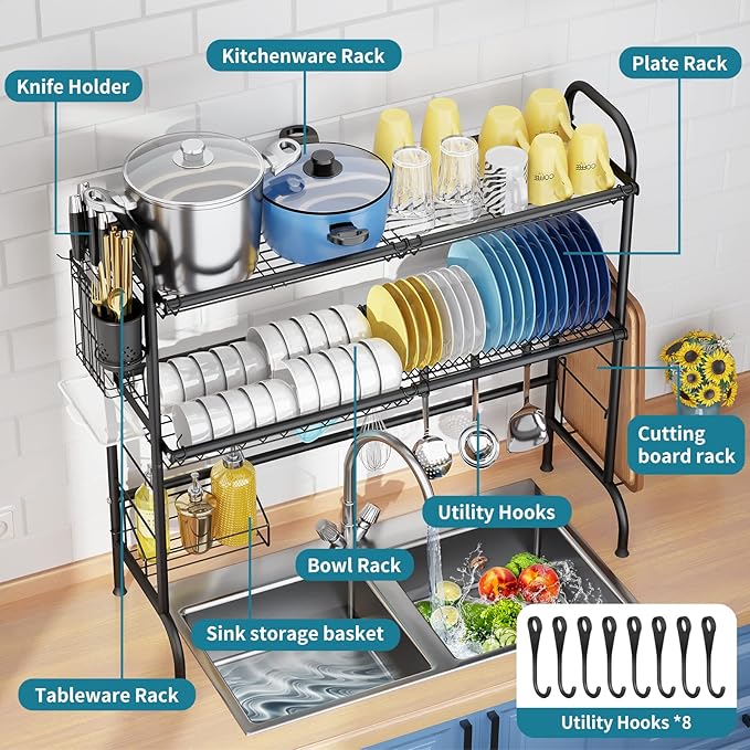 HOWDIA 3-Tier Over The Sink Dish Drying Rack,Stainless Steel Dish Rack with Cutlery Holder & Chopping Board Rack, 33.9” x 11.4” x 32.3” for Maximum Kitchen Storage（Black）