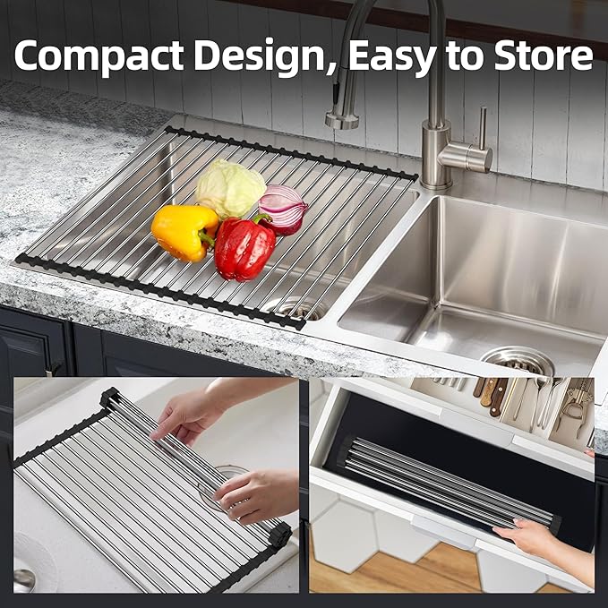 Dish Drying Rack, Roll Up Dish Drying Rack Over The Sink, 17" x 15.7", Dish Racks for Kitchen Counter, Black