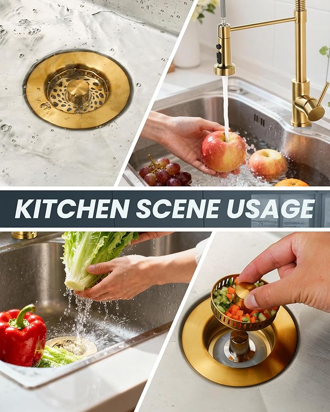 ARCORA Kitchen Sink Drain Strainer: Stainless Steel 3 in 1 Sink Stopper with Anti-Clogging Basket, Kitchen Strainer with Brass Bounce Core for Standard 3-1/2 Inch Drain, Brushed Gold