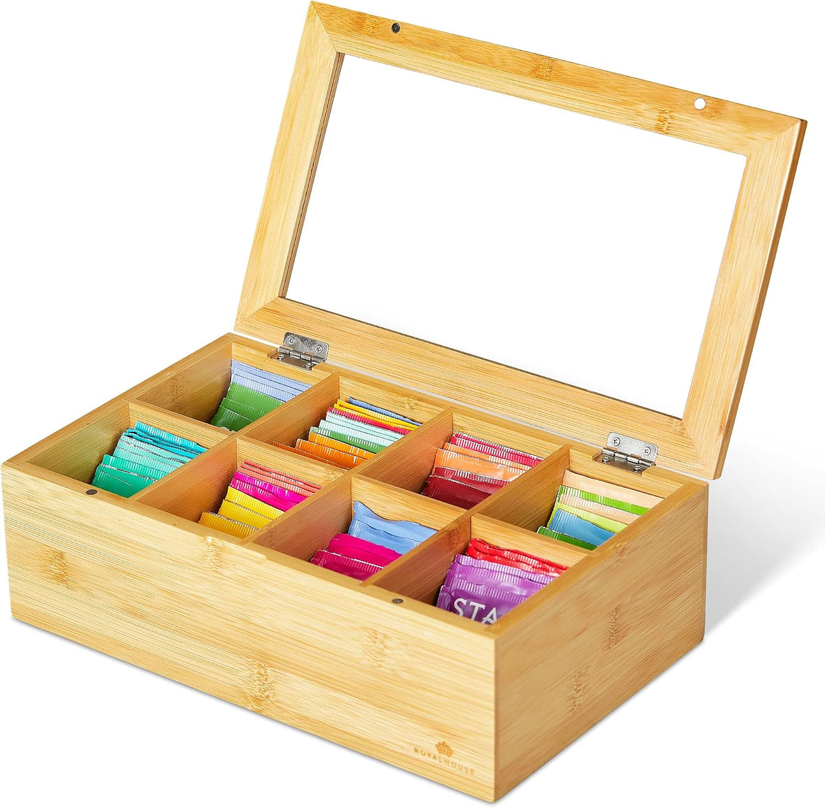 Big Natural Bamboo Tea Storage Organizer, Clear Acrylic Top, 8 Compartments