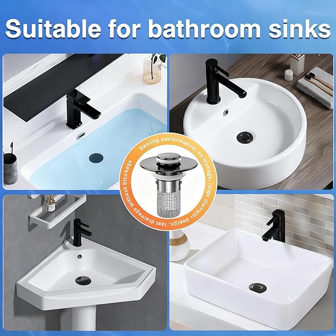 Bathroom Sink Drain Strainer,(2PCS) Pop-up Sink Drain Strainer with Removable Stainless Steel Strainer Basket Hair Catcher, Bathroom Sink Strainer for Bathroom Sink Stopper Replacement