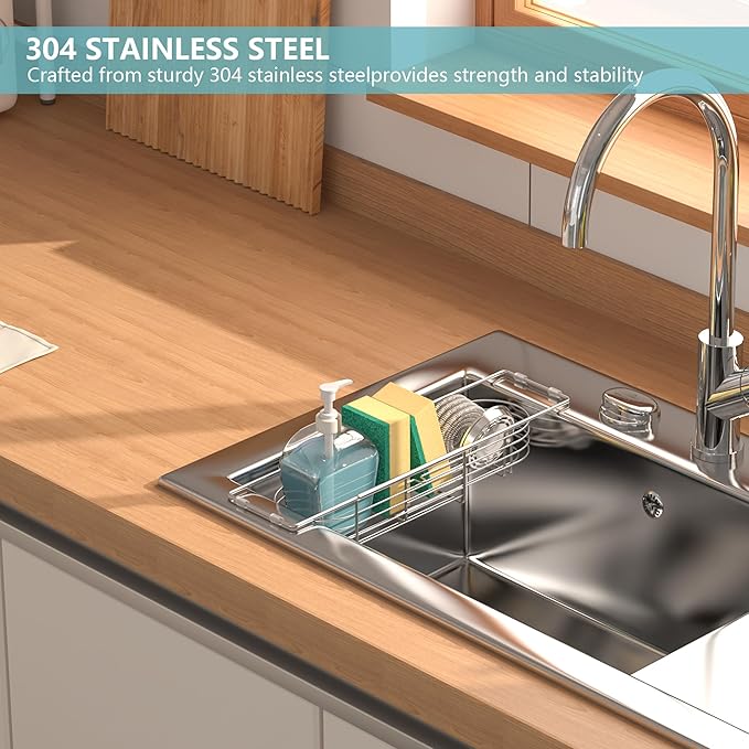 Sink Caddy Sponge Holder Kitchen Sink Organizer, Telescopic sink organizer rack for kitchen Expandable 13.4" to 17.1", Stainless Steel
