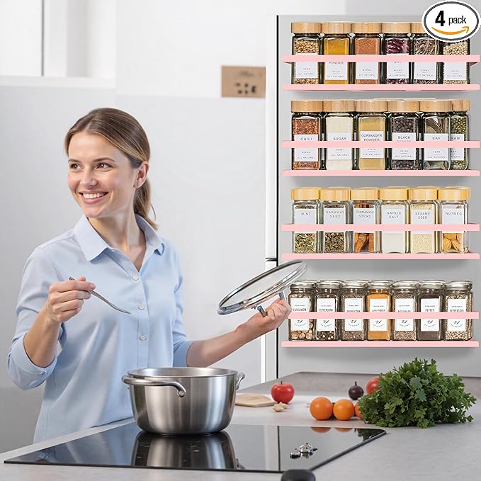 SMRCAD Magnetic Spice Rack for Refrigerator, 4pack Magnetic Shelf for Fridge Space Saving Seasoning Organizer for Any Metal Surface No Drilling Needed (PINK, 4pack)
