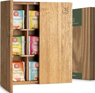 Tea Storage Organizer (9 Compartments) - Tea Organizer Made of Solid Acacia Wood - Tea Box with Wall Mounting Option - Tea Organizer and Storage - Tea Bag Holder - Plastic Free Tea Holder