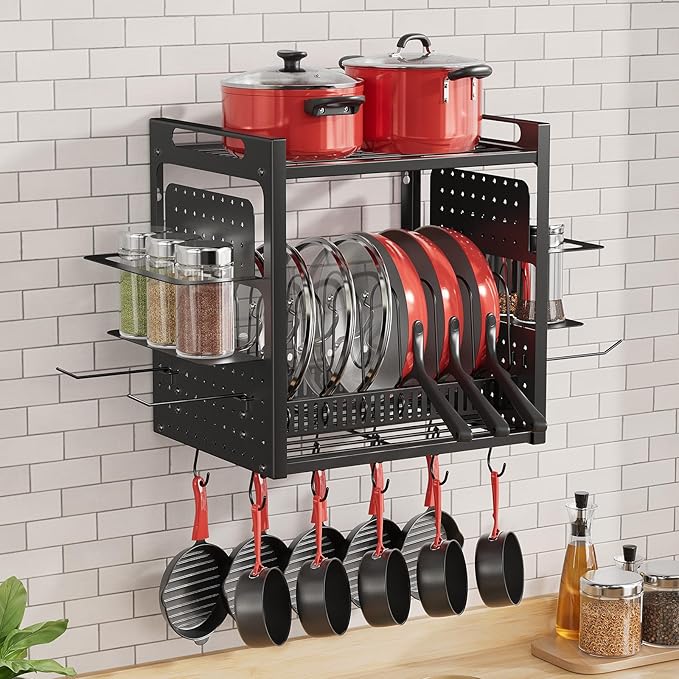 16 Inch Pot Rack Wall Mounted, 2-Tier Pots and Pans Organizer with 10 Hooks & Pan Organizer and Spice Rack, Heavy Duty Hanging Pot Hanger for Kitchen Cookware, Utensils, Black