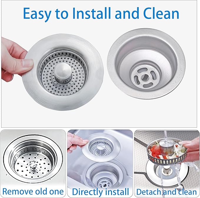 3 in 1 Kitchen Sink Drain Strainer,Pop up Sink Stopper Kitchen Drain, Anti-Clogging Strainer Basket Odor Prevention Plug Stopper for US Standard 3-1/2” Drain (Silver-2pcs)