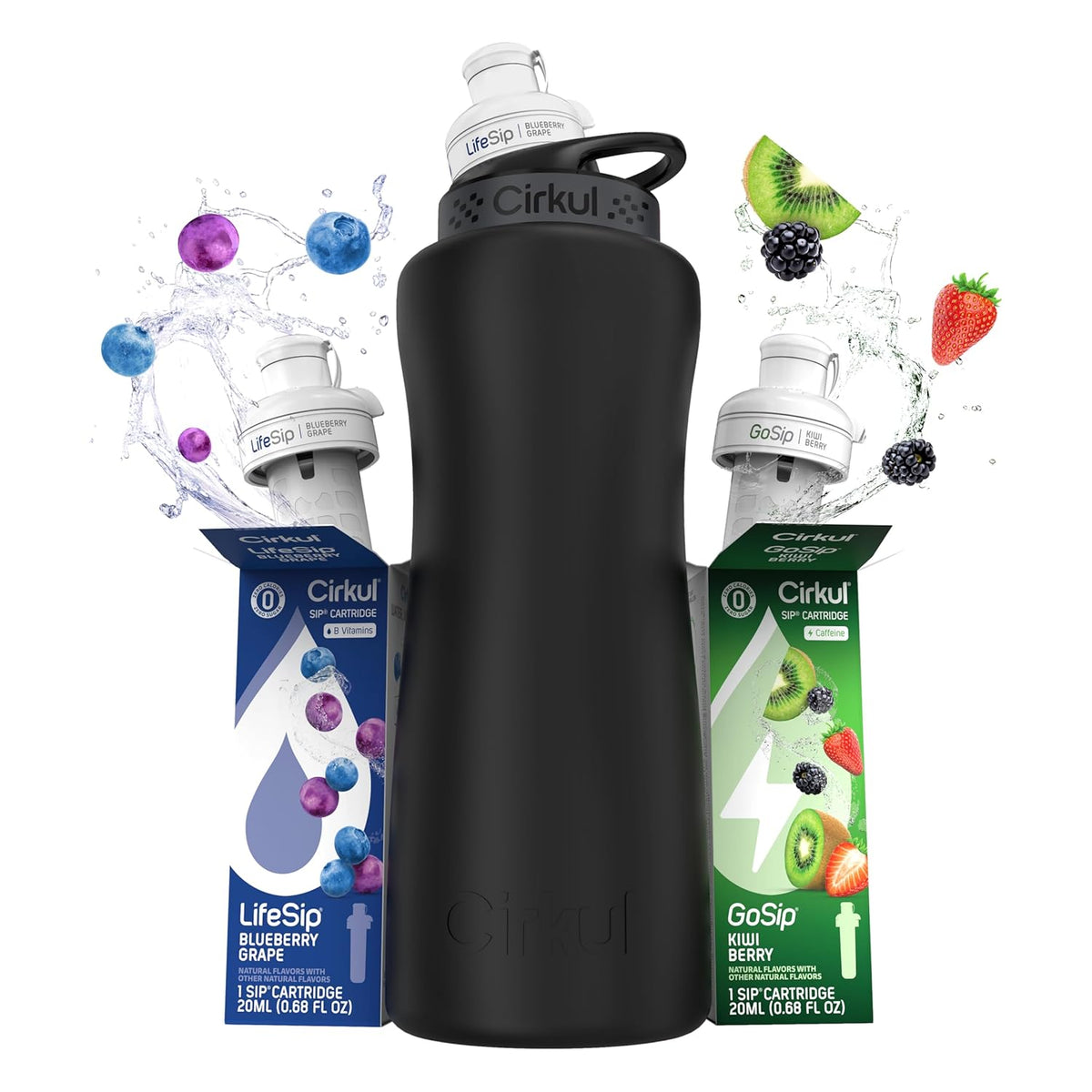 32oz Black Metal Bottle with Two No Sugar, 0 Cal Flavored Water Sips