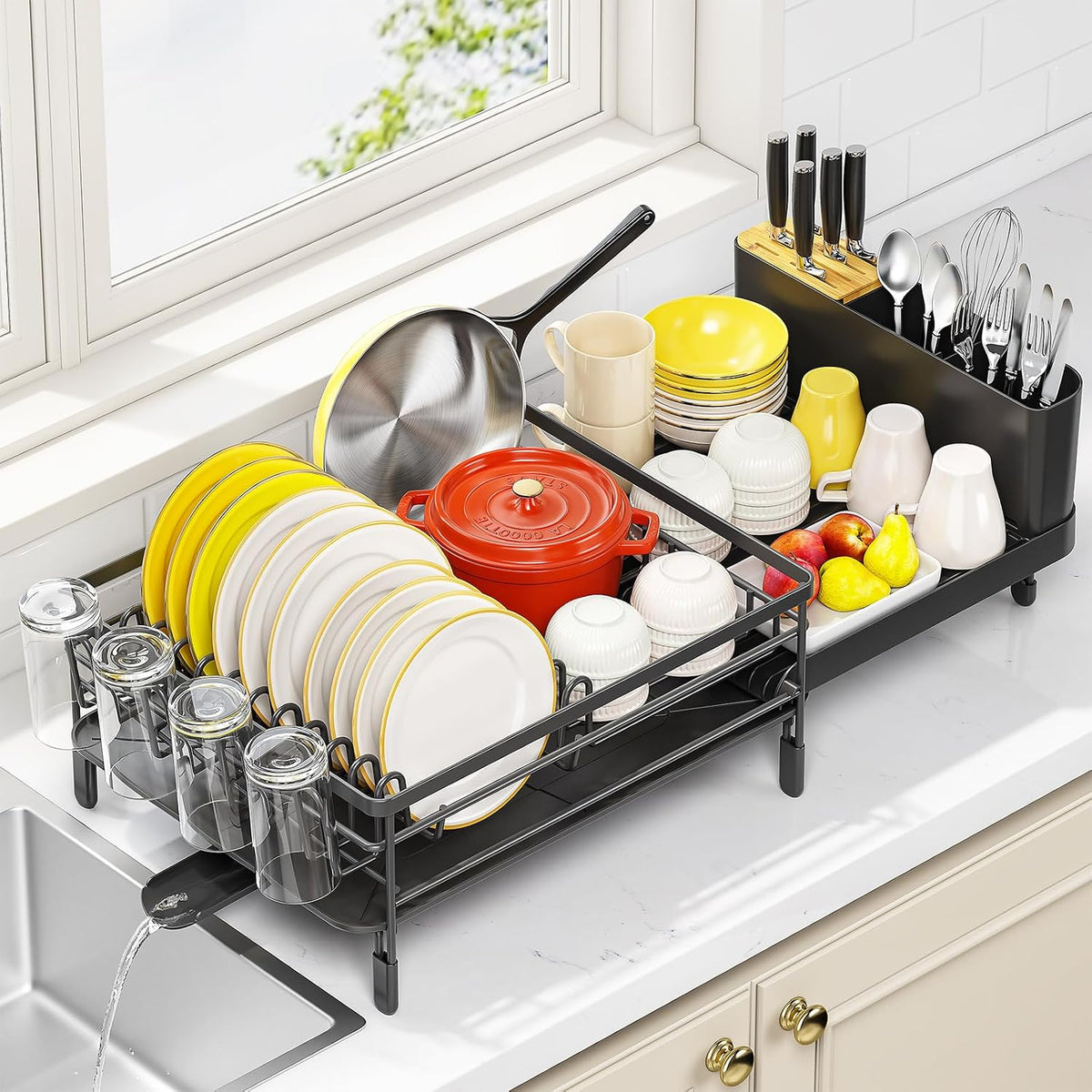 Extendable Dish Drying Rack for Kitchen Counter, Black