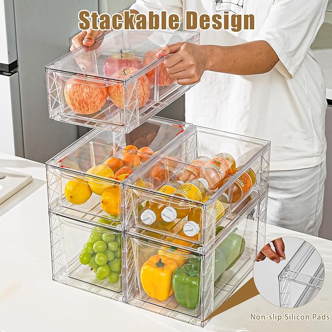 6Pack Stackable Kitchen Storage Organizer, Pantry Organizers and Storage, Clear Foods Organizer Bins with Handles, Easily Assemble for Bathroom, Kitchen, Pantry, Cabinet, Closet