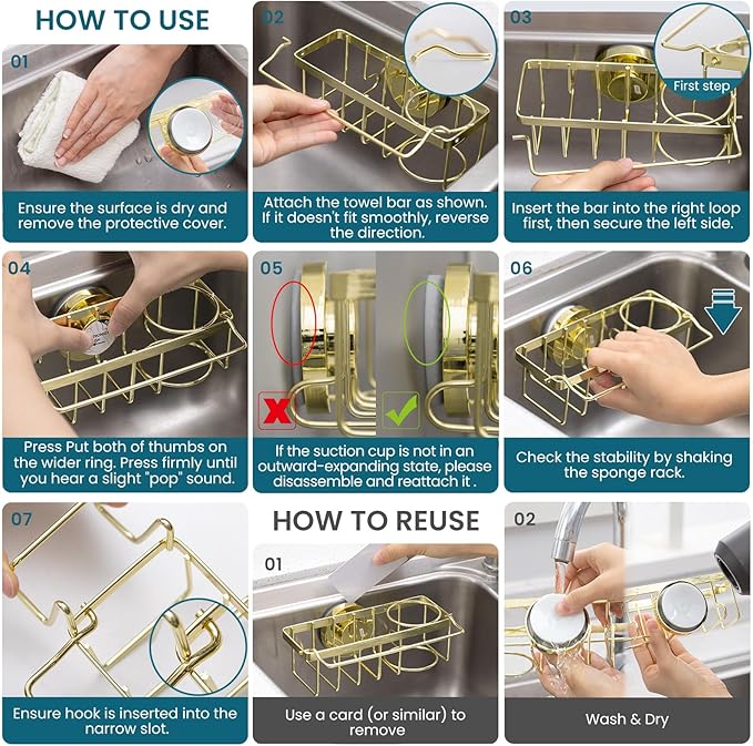 TAILI 4-in-1 Sink Caddy with Strong Suction Cup, Sponge Holder for Kitchen Sink Organizer, Removable, Rustproof, Stainless Steel Holder for Sponge, Brush, Scrubber, Scraper - Gold