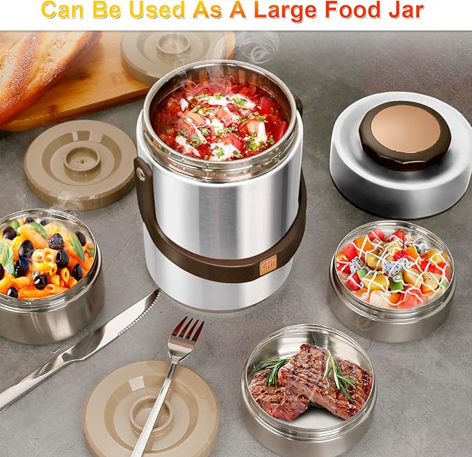 Pawovdeq 67 oz Adults Stainless Steel Vacuum Insulated Wide Mouth Soup Food Thermo Hot Food Jar with Keep Thermal Portable 3 Tier Stackable Bento Hot Food Containers Lunch Boxes (67 oz Silver)