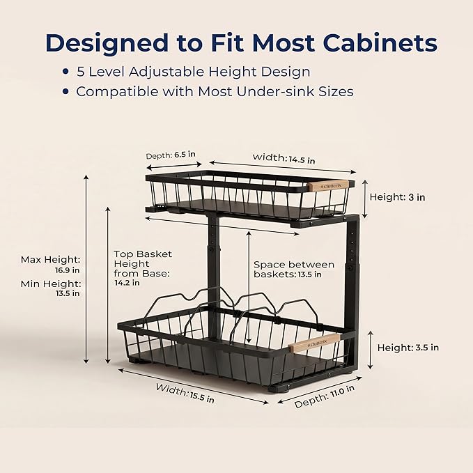 Under Sink Organizer with Motion-Activated LED Lights, 2 Pack, 2 Tier Sliding L-Shaped Carbon Steel Rack with Adjustable Height, Dividers & Hooks (Black)