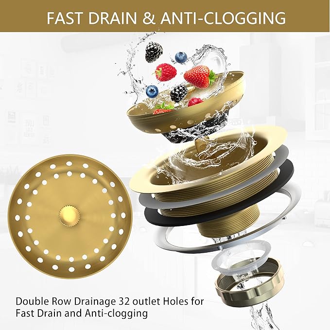 Kitchen Sink Drain Gold Sink Drain Strainer with Fixed Post 3-1/2 Inch Kitchen Drain Assembly with Strainer Basket and Drain Stopper for Standard Kitchen Sink Stainless Steel Brushed Gold