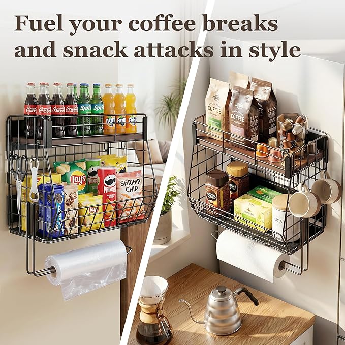 2 Pack Magnetic Spice Rack for Fridge with Paper Towel Holder, Fruit Basket with 4 Hooks for Kitchen Storage and Organizer, Full‑Enclosed Magnetic Shelf 33 lbs for Laundry, Pantry, Coffee Bar and RV