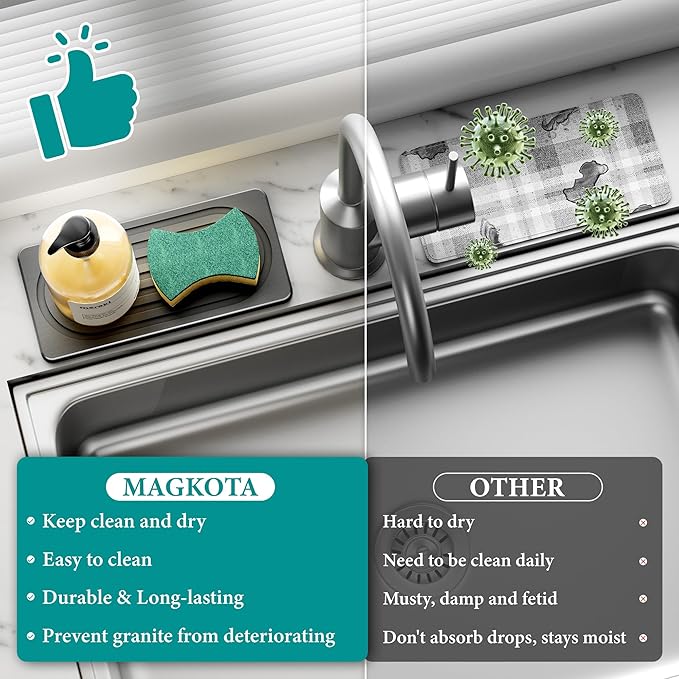 Water Absorbing Stone Tray, Quick Drying Diatomite Bathroom Tray Countertop, Stone Drying Mat for Kitchen Counter, Soap Dish Dispenser Vanity Organizer, Dark Grey-A-12.2" x 4"