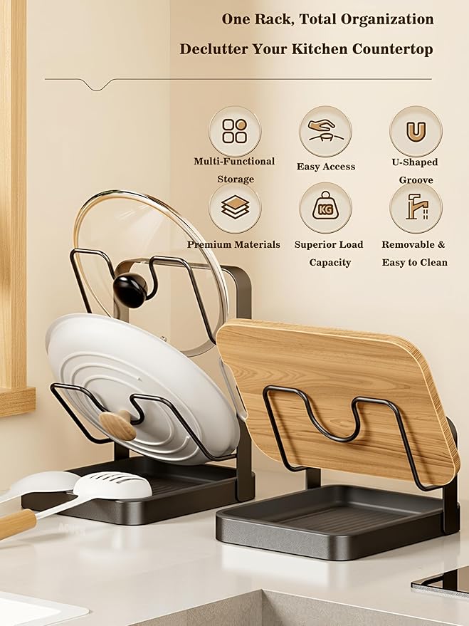 Pot Lid Holder Organizer, Carbon Steel Kitchen Pot Lid Rack with Drip Tray, Pre-Assembled Lid Storage Organizer, Dishwasher Safe Utensil Rest for Countertop Stovetop Cabinet