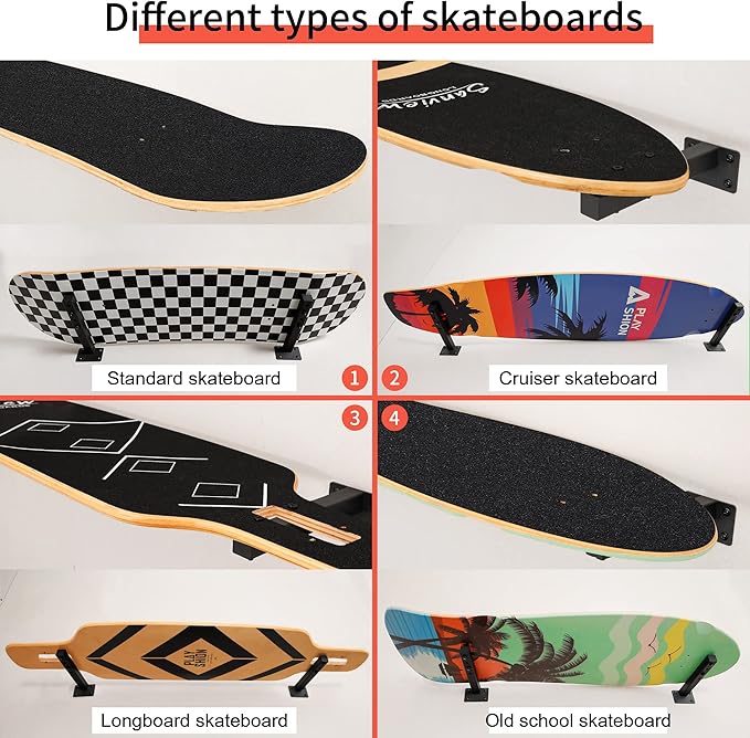 Skateboard Wall Mount, Longboard Skateboard Deck Rack Mount on Wall, Skateboards Floating Shelves Brackets, 4 Pack
