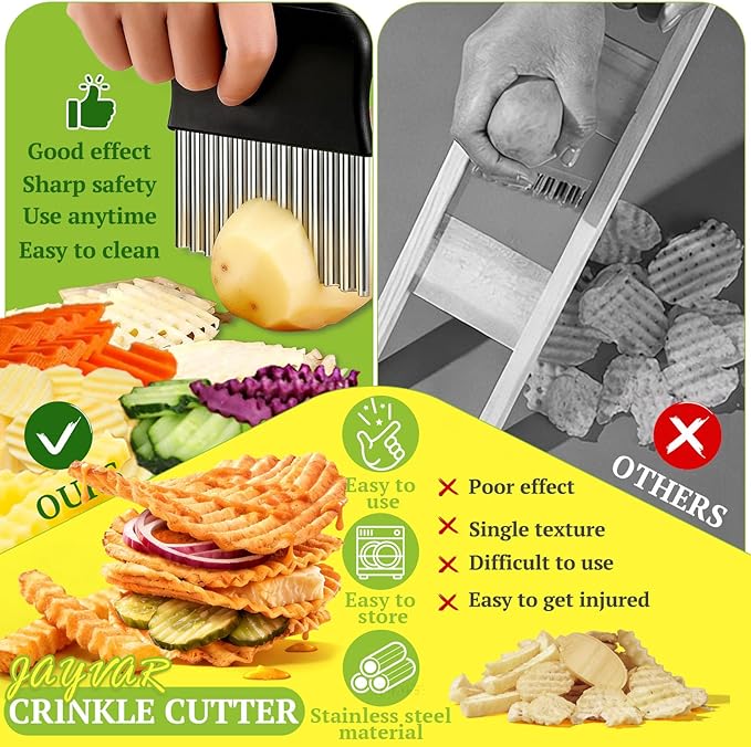 JAYVAR Crinkle Cutter, French Fry Cutter for Potatoes Stainless Steel Potato Carrot Chip Vegetable Crinkle Wavy Slicer