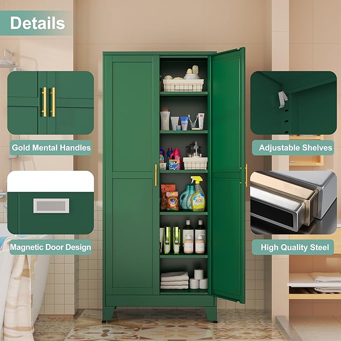 Metal Pantry Cabinet with 2 Doors and 5 Adjustable Shelves, 75"Kitchen Storage cabinets with Gold Handles, Versatile Storage for Laundry Room, Living Room, Bathroom, Dinning Room, Utility Room-Green