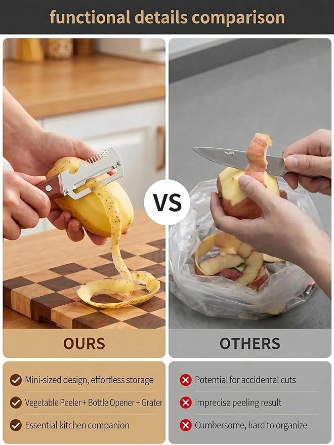 3 in 1 Multifunction Vegetable Peeler + Bottle Opener + Grater with Wooden Handle, Stainless Steel Hand Held Peeler for Potato, Pumpkin, Carrot, Fruit and Vegetable Peeler for Kitchen 3 Pcs