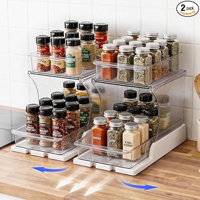 Spice Rack Organizer for Cabinet 2pcs, 2 Tier Countertop Shelf Organizer with Pull Out Rotating Bottom Shelf, Acrylic Kitchen Spice Organizer for Pantry, Counter and Cabinet Storage