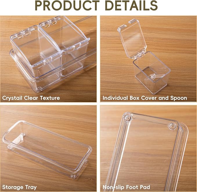XJMWXHFC Clear Seasoning Box, 4 Pieces Seasoning Rack Spice Pots, Storage Container Condiment Jars Acrylic Seasoning Box with Covers and Spoons for Spice, Sugar, Salt, Sugar, Cardamon, Cinnamon