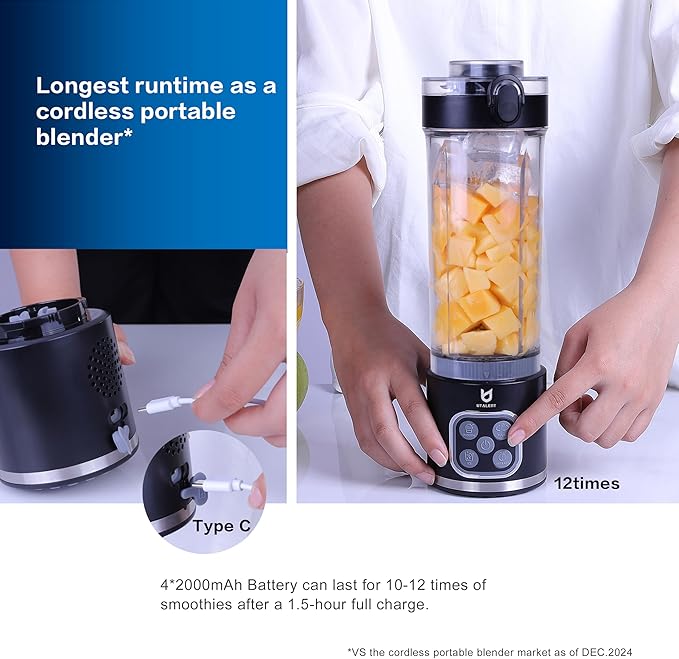 UTALENT Cordless Portable Blender, 25 oz removable Vessel, 700W Personal Blender, For-Smoothies, Ice Crush, 4 Programs, Leakproof-Lid & Sip Spout, USB-C Rechargeable, Dishwasher Safe Parts, Black