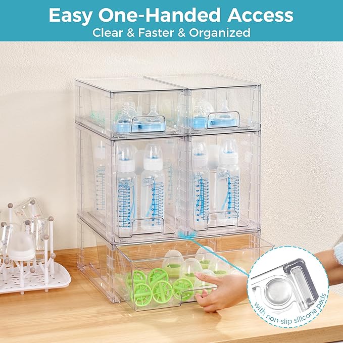 Vtopmart 6 Pack Clear Stackable Storage Drawers,Easy to Assemble Baby Bottle with handles,Plastic Drawers for Kitchen Pantry,Cabinet,Under Sink Organization