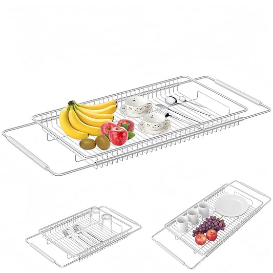 Expandable Over The Sink Dish Drainer Drying Rack, Stainless Steel Metal
