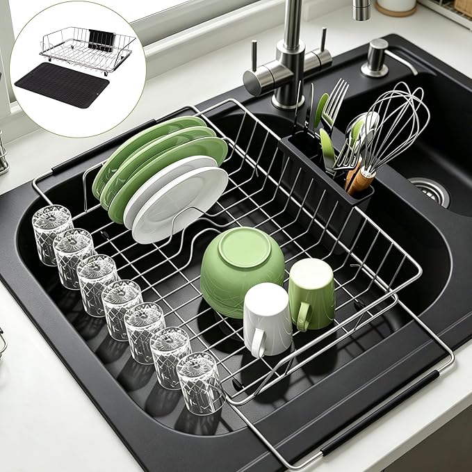 in Sink Expandable Dish Drying Rack with Silicone Mat-Extra Large Stainless Steel Dish Drainer Over The Sink with Utensil Holder, Applicable for Sink Width 16'-22' (Silver,23.2'*12.2')