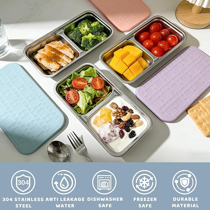 3 Pack 15 oz Stainless Steel Snack Containers for Kids, Reusable Metal Snack Containers with Silicone Lids, 2 Compartment Stackable Metal Toddler Lunch Box for Daycare, School and Outdoor