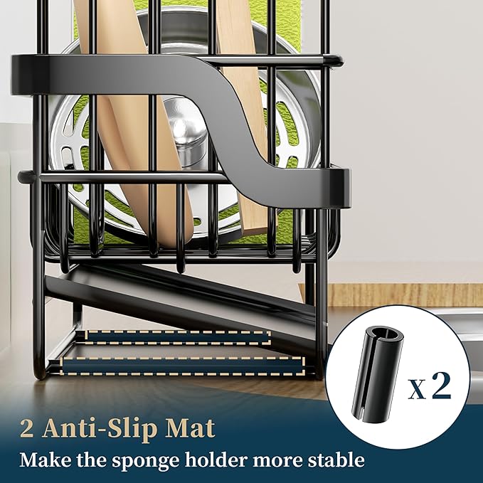 Consumest Sponge Holder for Kitchen Sink - Sink Caddy with Stainless Steel Self Drain Tray, Sink Organizer with High Brush Holder Countertop for Kitchen Sink Accessories, Black