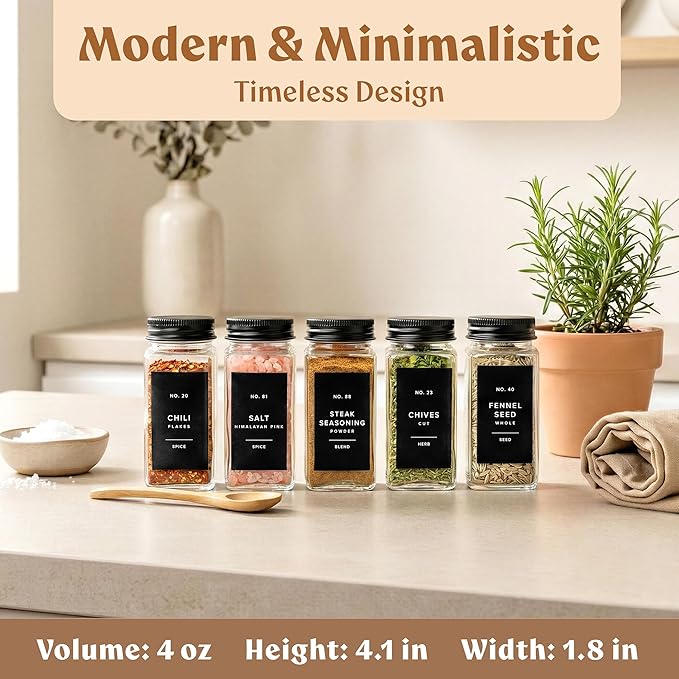EDELHAUS Glass Spice Jars with Label and Black Aluminium Lids (24 x 4oz) Spice Containers with 240 Labels, Shaker Inserts, Steel Funnel, Empty Square Seasoning Organizer (Black Aluminium Lid)