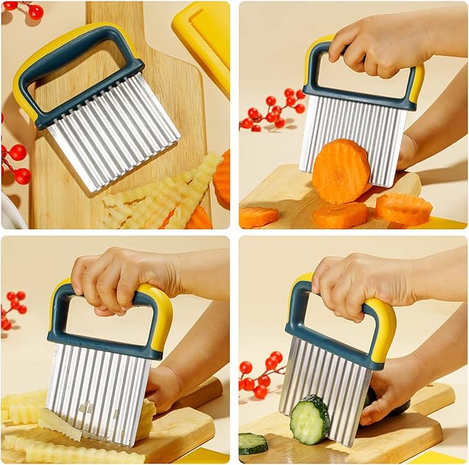 2 Pcs Crinkle Cutter Knife, Potatoes Crinkle Fry Cut and Vegetable Cutter for Veggies, Stainless Steel Carrot Slicer Yellow