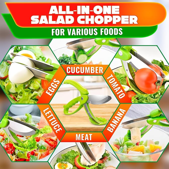 Salad Scissors for Chopped Salad - Effortless Double-Blade Chopping in Bowl, No Knife or Cutting Board Needed - 8.9" Stainless Steel Vegetable Scissors, Safety Lock, Lettuce Cutter Tool for Veggies
