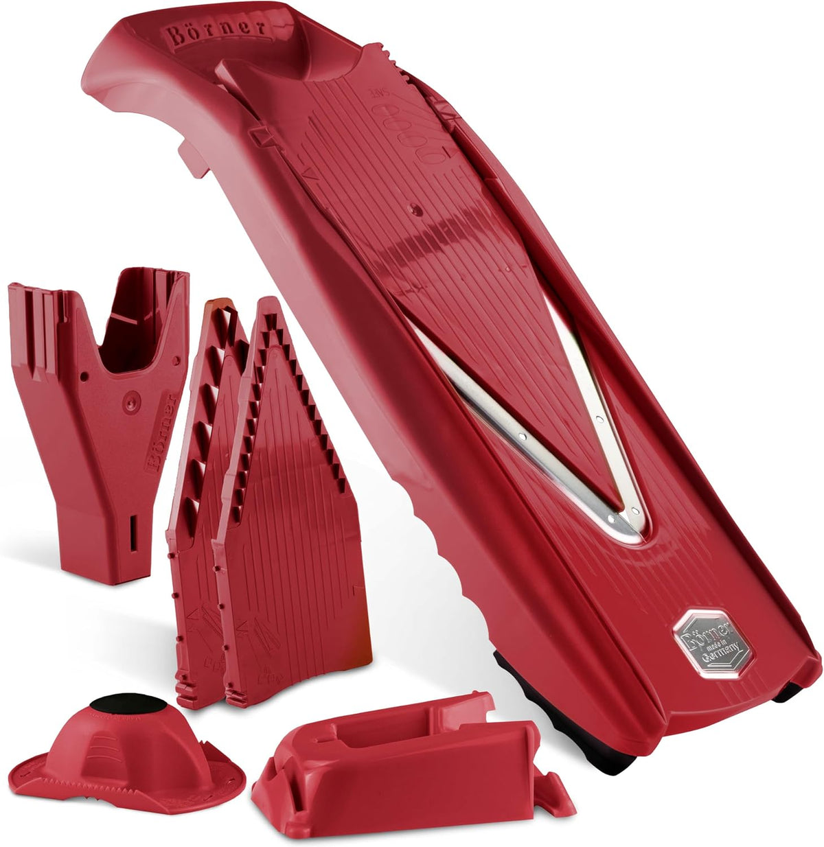 Mandoline Food Slicer V5 (Profi Set) by Reston Lloyd • V-Slicer with 4 Inserts, Docking Station & Food Holder • Made in Germany • Fruit & Vegetable Chopper • Multiple Settings • Color: Red