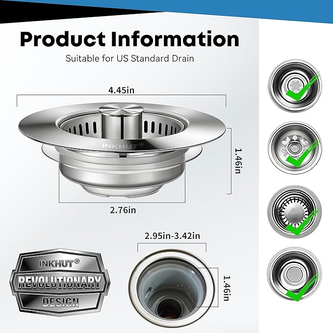 Upgraded 3 in 1 Kitchen Sink Drain Strainer - Stainless Steel Sink Stopper, Anti-Clogging Food Catcher Basket, Sink Bounce Core Drain Strainer Plug for US Standard 3 1/2 inch Drain (Mirror Silver)