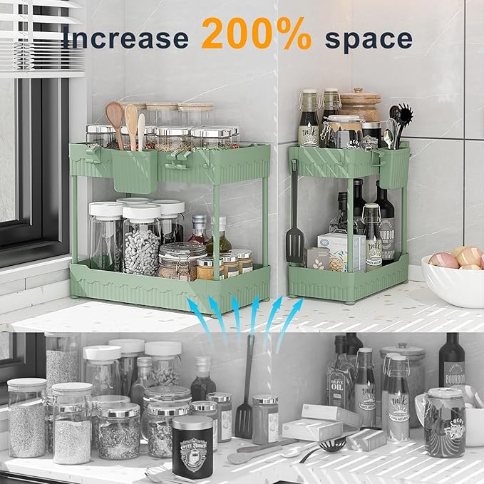 Sevenblue 2 Pack Under Sink Organizer, Under Bathroom Cabinet Organizer with Hooks Hanging Cup, Multi-Purpose Storage Shelf for Kitchen Bathroom (Green, 12.8 Inch)