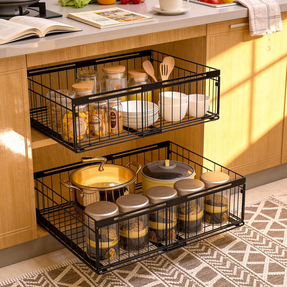 2Pack Expandable Pull Out Cabinet Organizer Adjustable Width 13"-20", Kitchen Organization with Adhesive.Bathroom Under Sink Organizers and Storage,Bedroom Slide out Drawers,Pantry