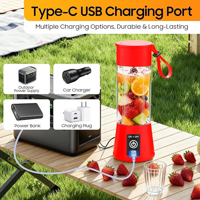 Portable Blender for Smoothies & Shakes - Cordless Personal Size Blender with 6 Blades, 380Ml Juice Cup, Lightweight & Rechargeable, Freshly Squeezed for Picnic/Sports/Office