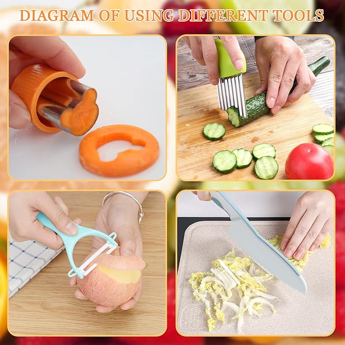 RISICULIS 11 Pieces Wooden Kids Kitchen Knife, Blue Kids Knife Set Include Wood Kids Knife, Serrated Edges Plastic Toddler Knife, Crinkle Cutter, Sandwich Cutter, Y Peeler, Cutting Board